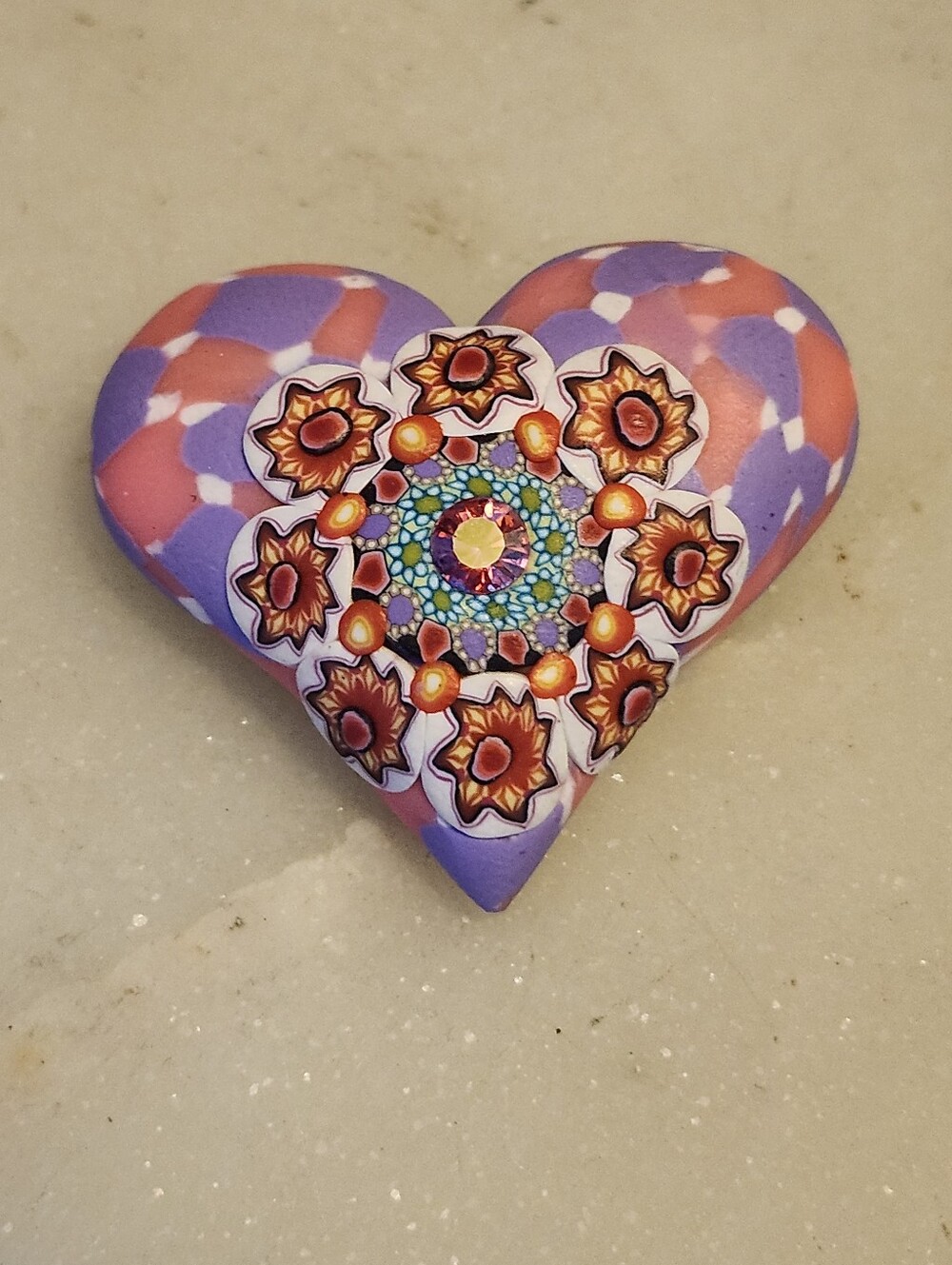 Billie Beads Heart Shaped Clay Art Brooch Millifiore Floral & Swarovski Crystal